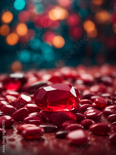 Ruby crystal stones in red color on bokeh background. Love and healing stones.