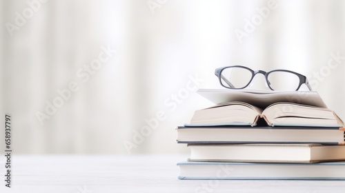 A stack of books with a pair of glasses on a white background. The books are colorful and of different sizes. The glasses are black and look like reading glasses. The background is white and blurred. photo