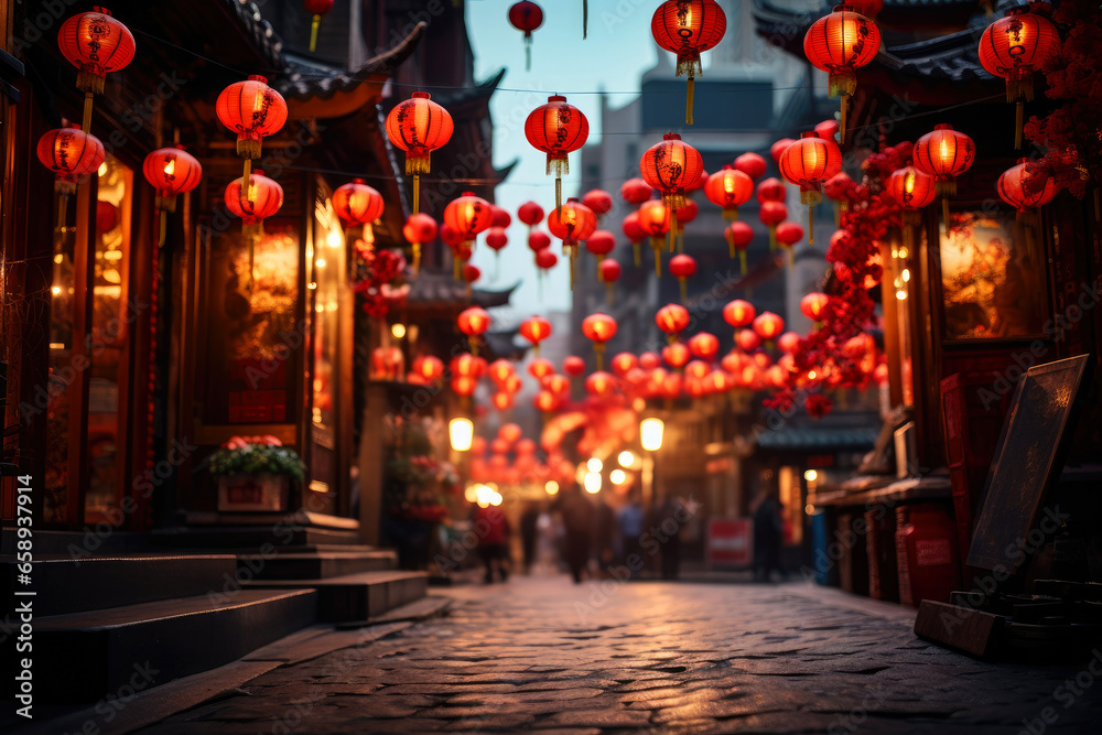 Chinese new year lanterns. Traditional street decorated for Christmas. - obrazy, fototapety, plakaty 