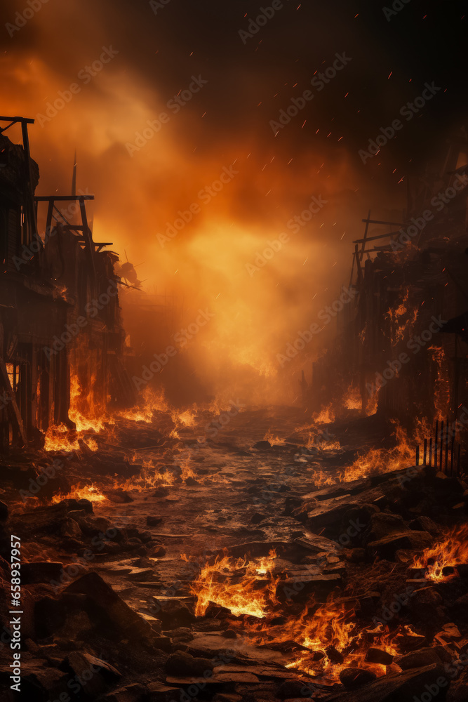 War-ravaged buildings amidst fiery inferno background with empty space for text 