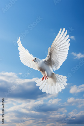 White dove soaring in serene blue skies background with empty space for text 