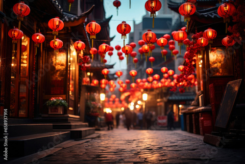 Chinese new year lanterns. Traditional street decorated for Christmas.