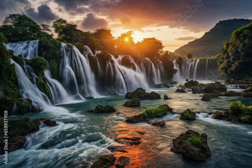 Waterfalls cascade majestically under vibrant rainbows epitomizing earthly paradise 
