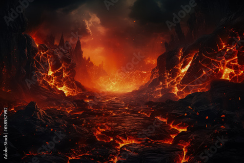 Surreal fiery lava flows in barren landscapes background with empty space for text 