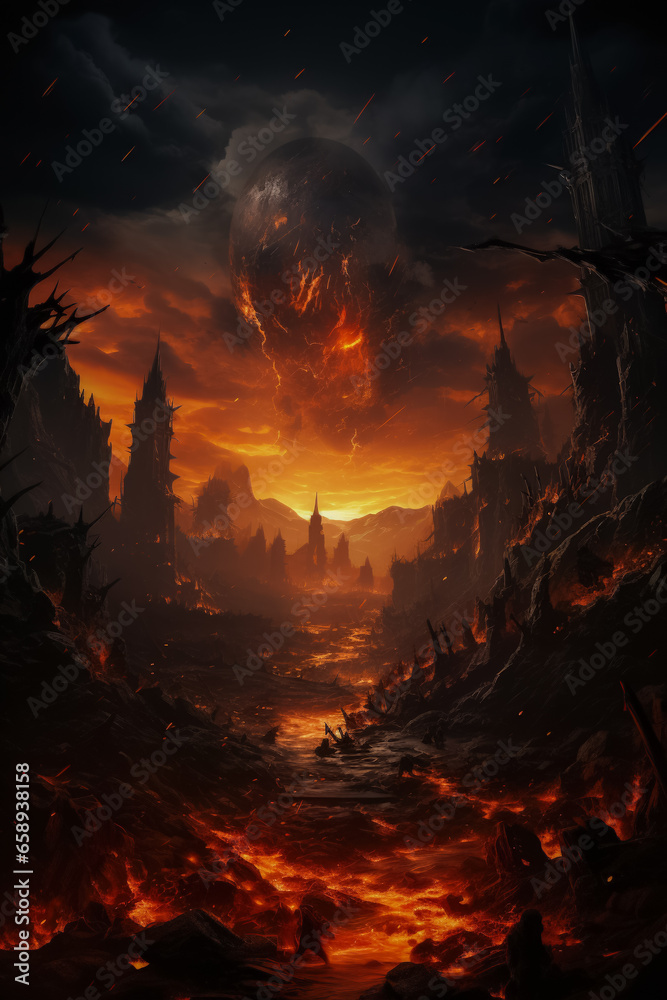 Ruined cityscape bathed in fiery glow embodying the terrifying inferno of war Ruined cityscape bathed in fiery glow embodying the terrifying inferno of war