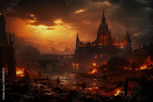 Ruined cityscape bathed in fiery glow embodying the terrifying inferno of war 