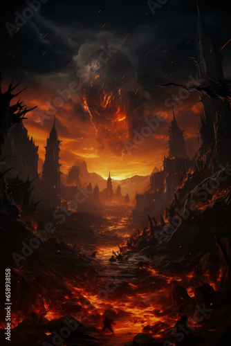 Ruined cityscape bathed in fiery glow embodying the terrifying inferno of war 