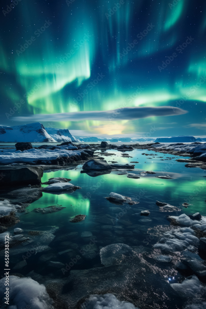 Icy arctic vista under vibrant Northern Lights background with empty space for text 