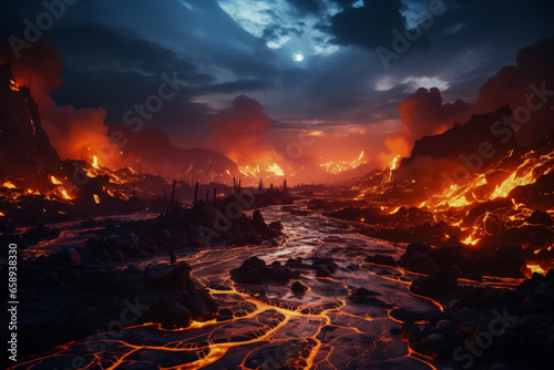 Lava flows ignite night sky in fierce apocalyptic volcanic landscape 