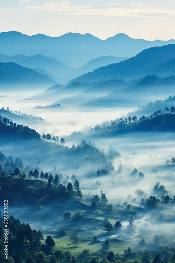 Dreamy purgatory landscapes enveloped in morning mists background with empty space for text 