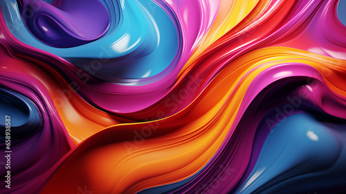  Rainbow colors realistic liquid glossy plastic dynamic fluid abstract background. Multicolored shiny melted plastic wavy texture. Digital 3D illustration photo