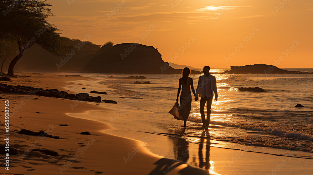 A serene beachside scene with a mature couple walking barefoot in the surf, the setting sun casting long shadows
