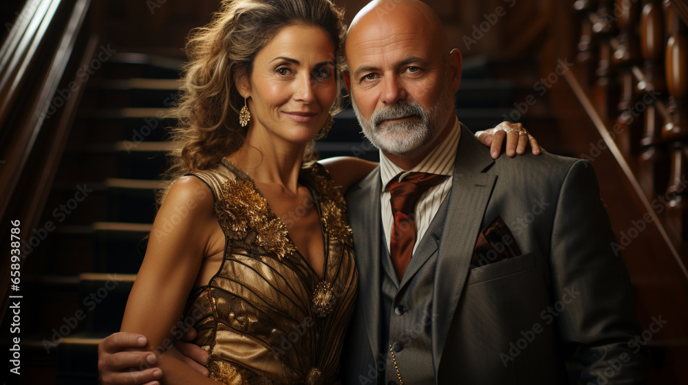 A dramatic portrait of a mature couple dressed in formal attire, standing on a grand staircase in an opulent mansion A dramatic portrait of a mature couple dressed in formal attire, standing on a grand staircase in an opulent mansion