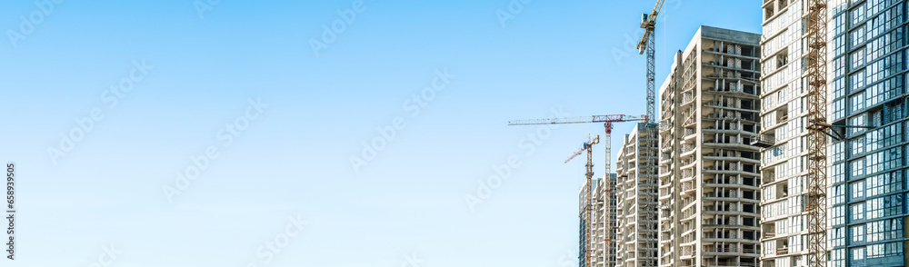 Construction Building site banner background. Construction crane with new apartment skyscraper building. Building industry technology, business, urban concept