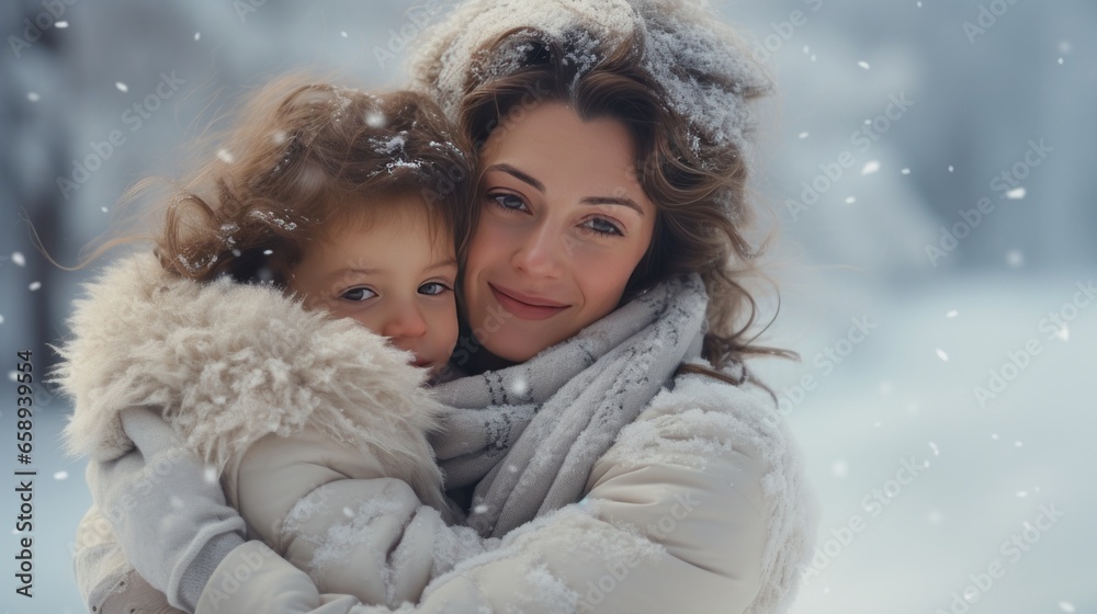 Happy family enjoying snowy weather outdoor, mom with little son hugging during walk in winter park Happy family enjoying snowy weather outdoor, mom with little son hugging during walk in winter park