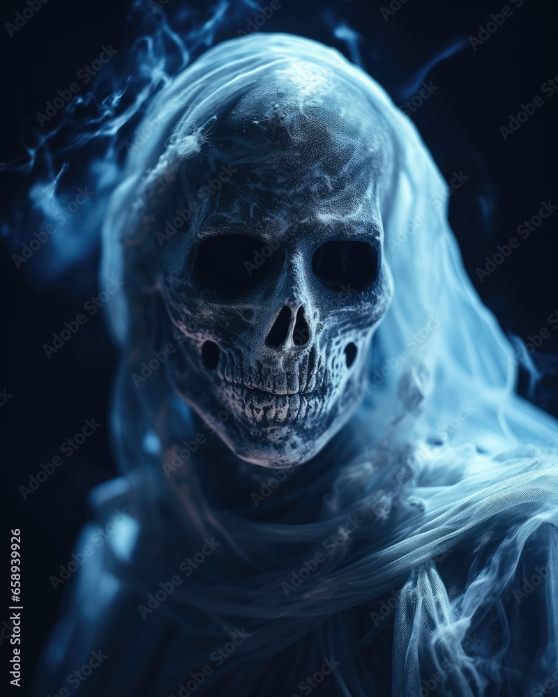 Creepy skeleton with smoke on dark background. Halloween concept. Created with Generative AI tools Creepy skeleton with smoke on dark background. Halloween concept. Created with Generative AI tools