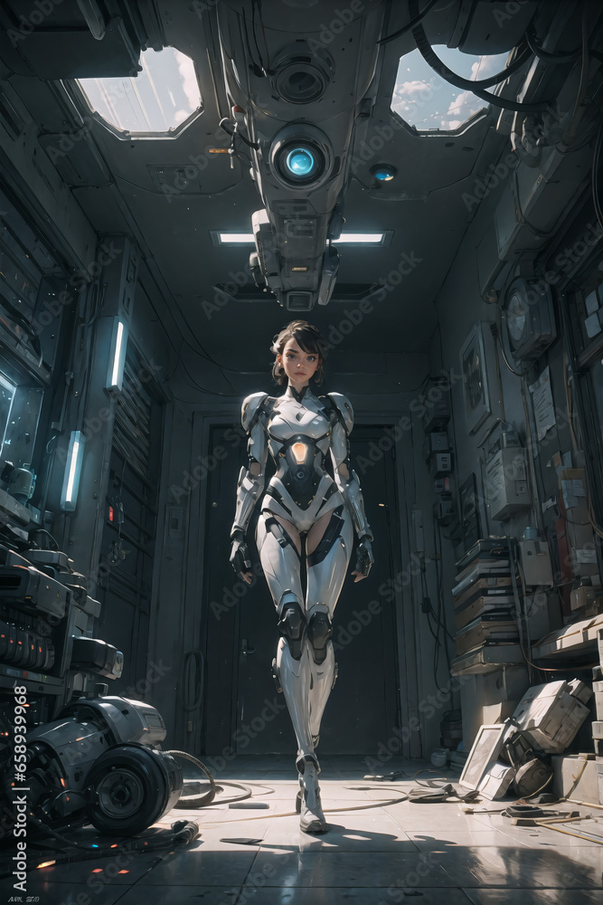 AI Generated. Sci--Fi beautiful cyborg girl in hi-tech interior. Anime style.