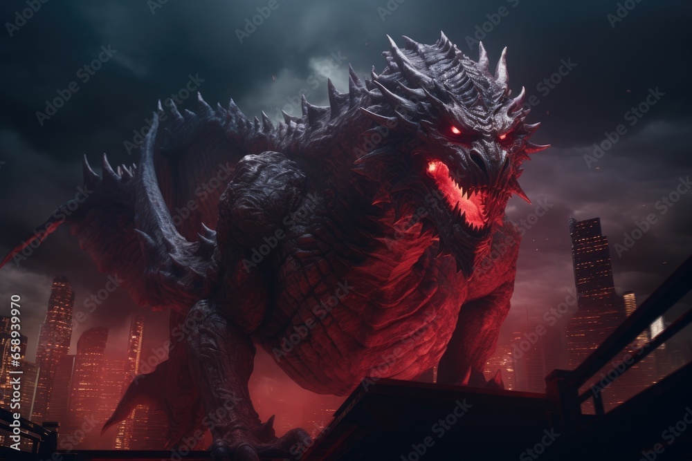 Obraz premium Fantasy dragon in the city at night. Created with Generative AI tools
