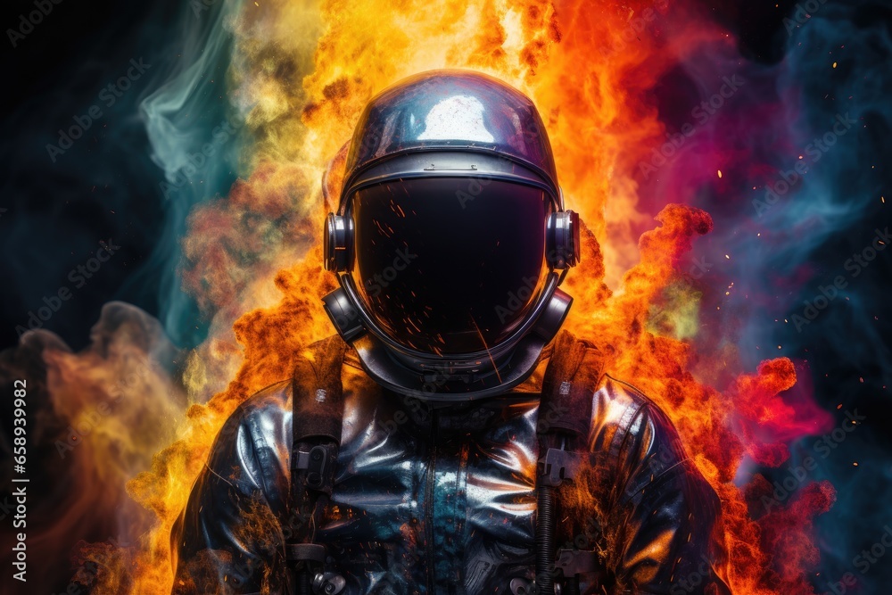 Astronaut in space suit with gas mask and helmet on fire background. Created with Generative AI tools