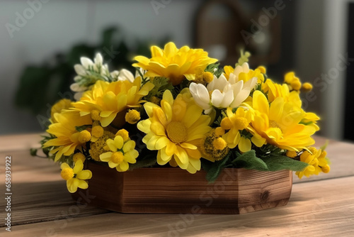 -  decorative composition of spring yellow flowers,  generative ai