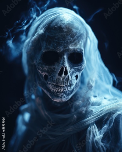 Creepy skeleton with smoke on dark background. Halloween concept. Created with Generative AI tools