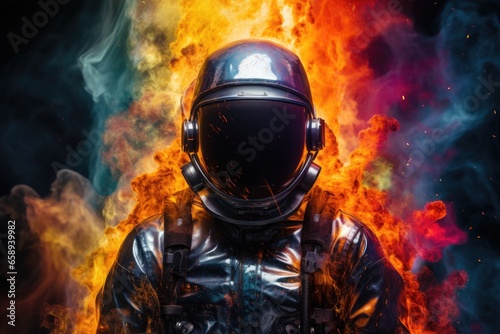 Astronaut in space suit with gas mask and helmet on fire background. Created with Generative AI tools