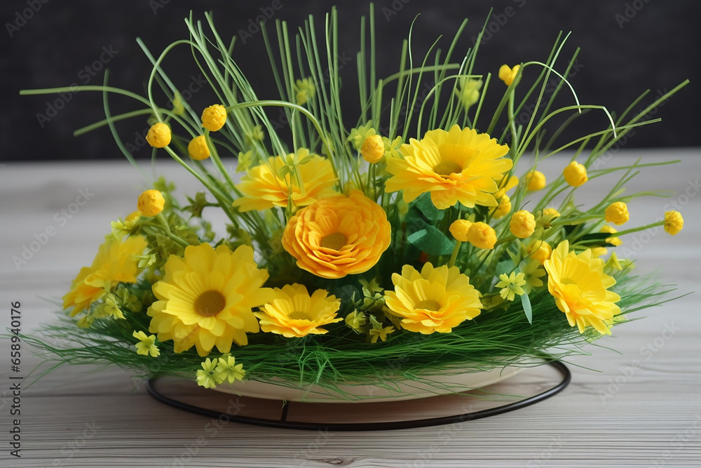 Naklejka premium - decorative composition of spring yellow flowers, generative ai