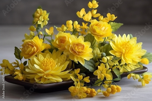 - decorative composition of spring yellow flowers, 12 generative ai