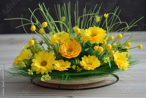 - decorative composition of spring yellow flowers,  generative ai