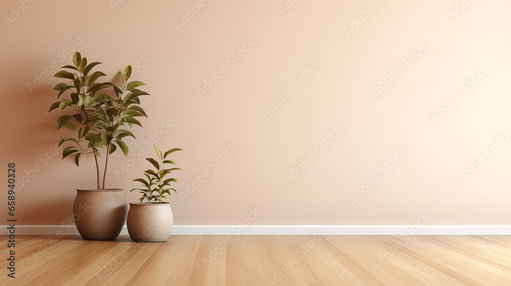 Blossom branch in clay vase near beige stucco wall background. Interior design of modern living room with space for text Blossom branch in clay vase near beige stucco wall background. Interior design of modern living room with space for text
