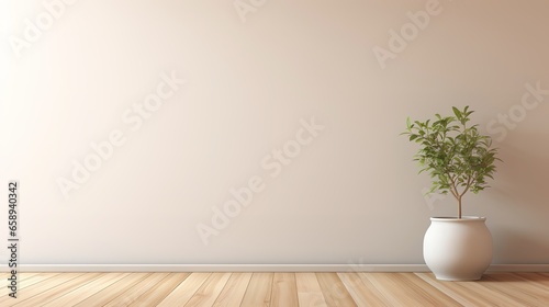 Blossom branch in clay vase near beige stucco wall background. Interior design of modern living room with space for text