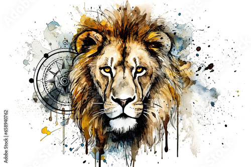 Astrology Leo zodiac sign. watercolor Lion head illustration.