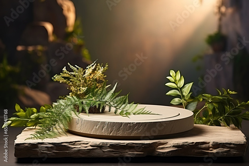 Podium product platform with beige background for natural beauty cosmetics stage scene. Abstract rock podium pedestal mockup with green leaf shadow. with empty copy space