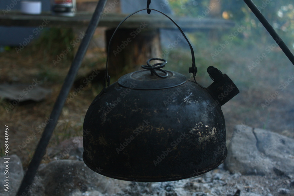kettle on an open fire, cooking, camping kettle on an open fire, cooking, camping