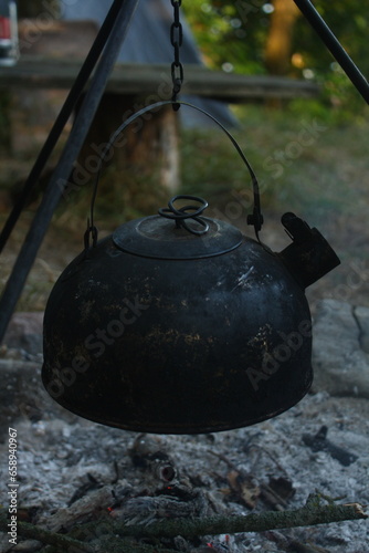 kettle on an open fire, cooking, camping