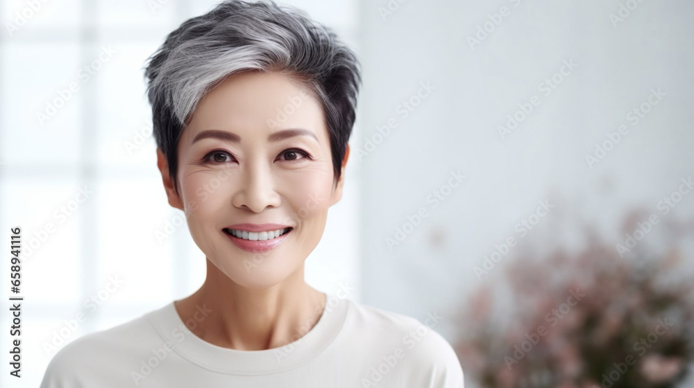 copy space, asian middle age man portrait with healthy face skin. Open smiling beautiful aging mature woman with short hair. Beauty and cosmetics skincare advertising concept copy space, asian middle age man portrait with healthy face skin. Open smiling beautiful aging mature woman with short hair. Beauty and cosmetics skincare advertising concept