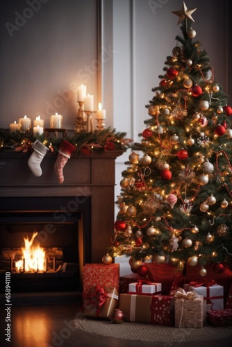 Christmas tree and gift boxes near the cozy fireplace in the traditional living interior