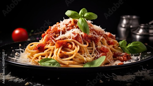 Classic Italian spaghetti with mesan cheese on a plate with tomato sauce.