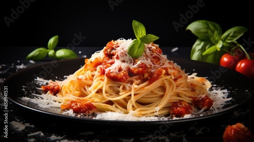 Classic Italian spaghetti with mesan cheese on a plate with tomato sauce.