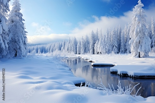 Winter landscape with snowy woodland and the river on a sunny day