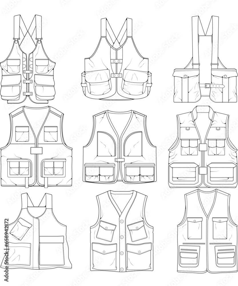 set of vest outline drawing vector, vest in a sketch style, trainers template outline, vector Illustration.