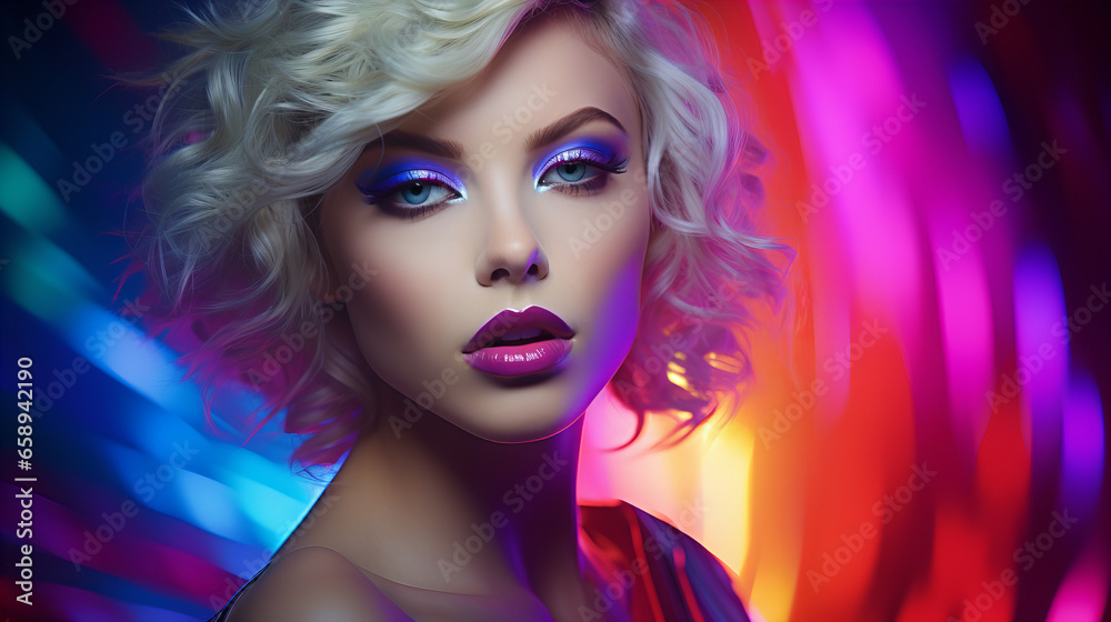 High fashion blonde model in colorful bright neon lights posing at club. Portrait of beautiful girl with trendy glowing make-up. Art design vivid style.