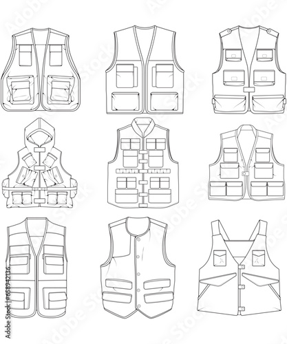 set of vest outline drawing vector, vest in a sketch style, trainers template outline, vector Illustration.