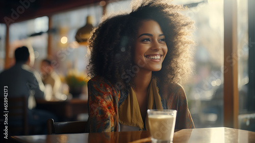 African american woman drinking coffee in cafe. Happy afro woman talking with friend in cafe smiling sunset time, Valentine day lifestyle, 14 Febryary, dating photo