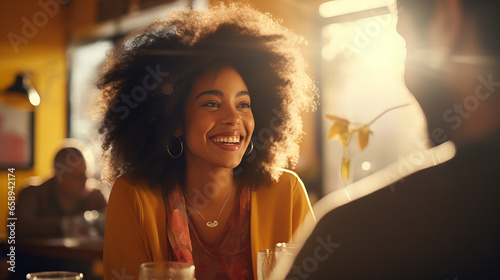 Couple dating in restaurant, Group of happy friends chatting in the coffee shop. African american woman drinking coffee in cafe, dating 14 February, Valentine day