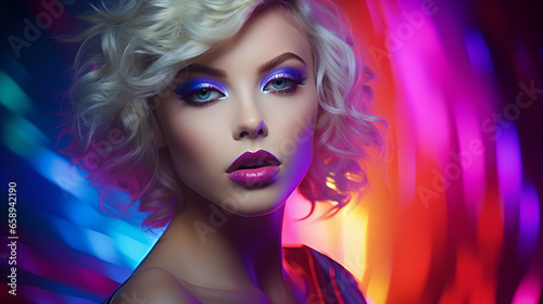 High fashion blonde model in colorful bright neon lights posing at club. Portrait of beautiful girl with trendy glowing make-up. Art design vivid style.