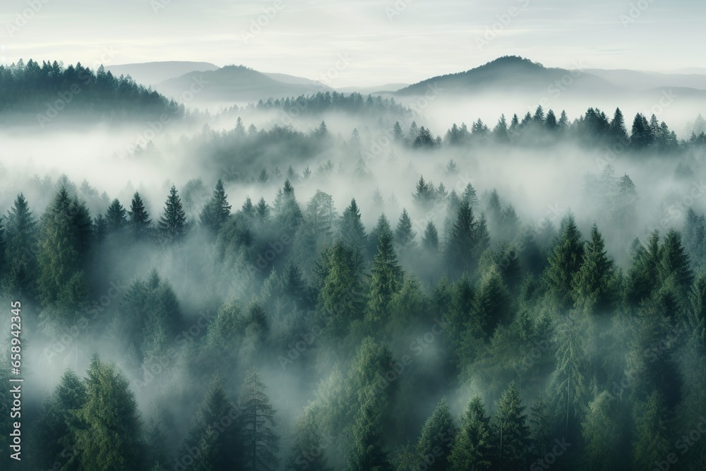 Aerial view of a misty forest on a foggy day.