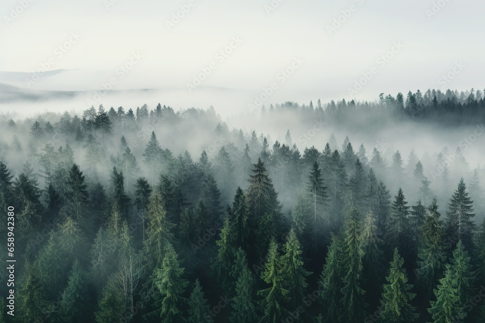 Aerial view of a misty forest on a foggy day.