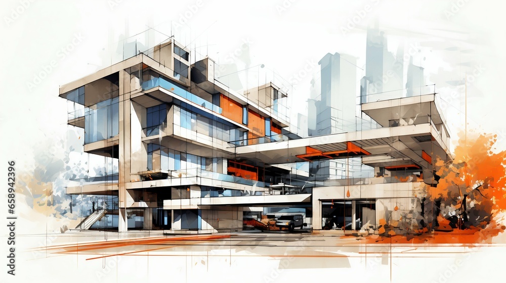 Blueprints of Tomorrow: Modern Architecture Sketch Isolated on White Background. Generative ai Blueprints of Tomorrow: Modern Architecture Sketch Isolated on White Background. Generative ai