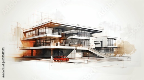 Blueprints of Tomorrow: Modern Architecture Sketch Isolated on White Background. Generative ai